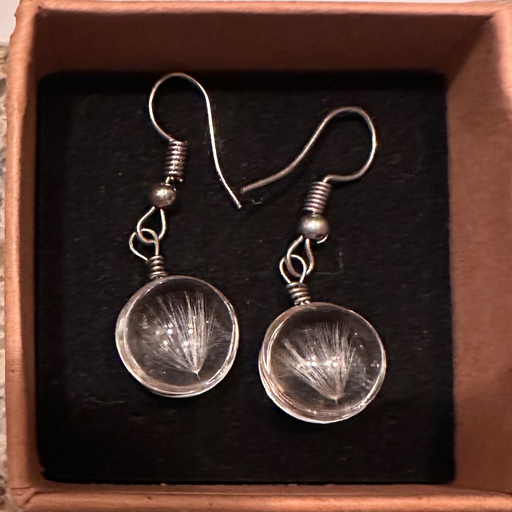 Clear drop earrings with floral design - New in box!